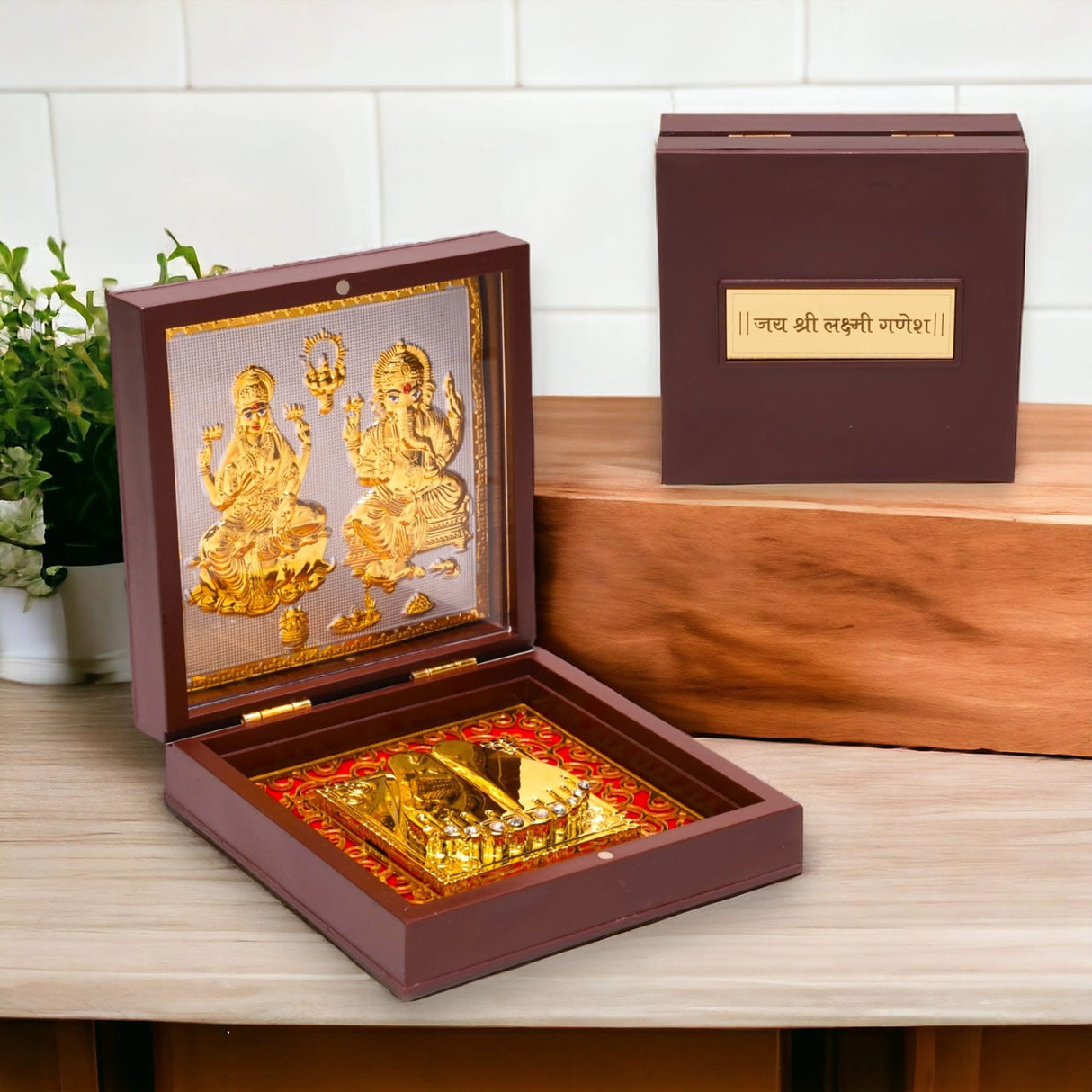 Gold Plated Laxmi Ganesh Photo Frame with Charan Paduka for Diwali Housewarming Return Gift Worship Pooja Room Decor Hindu God Religious Devotional Paduka Prayer Box Momento Prosperity Gift - LoveNspire