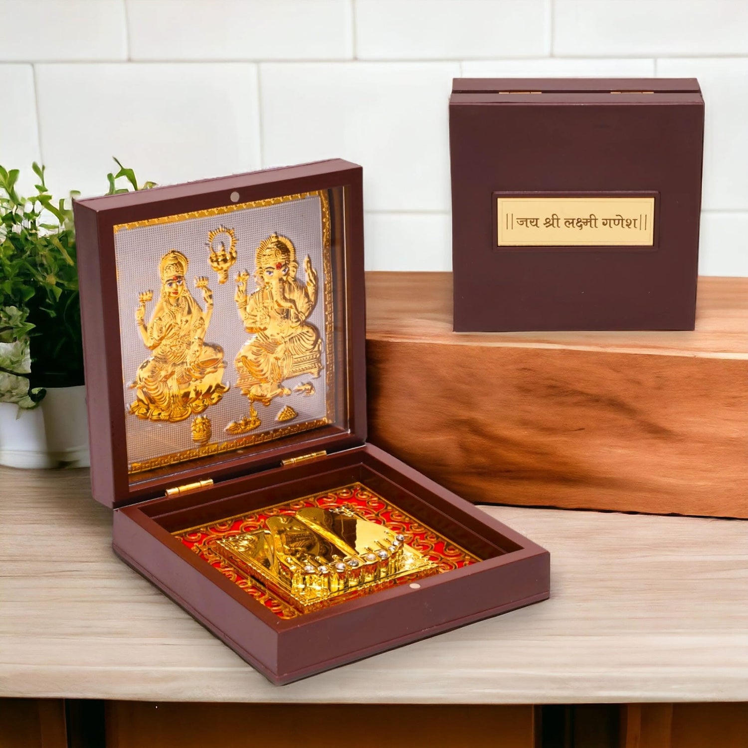 Gold Plated Laxmi Ganesh Photo Frame with Charan Paduka for Diwali Housewarming Return Gift Worship Pooja Room Decor Hindu God Religious Devotional Paduka Prayer Box Momento Prosperity Gift - LoveNspire