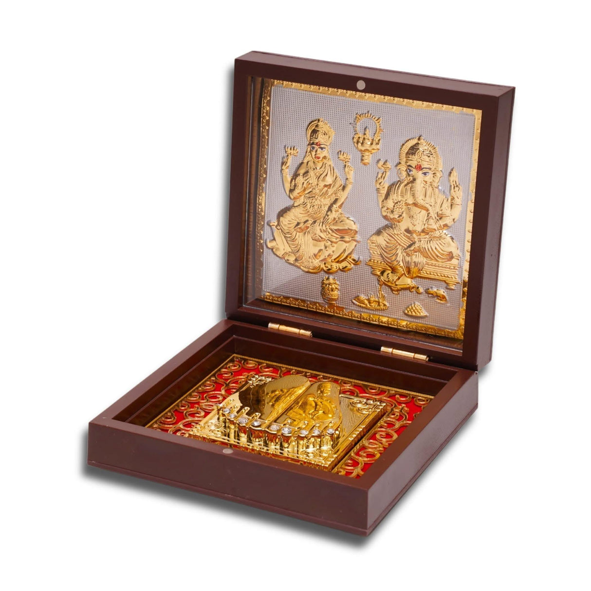 Gold Plated Laxmi Ganesh Photo Frame with Charan Paduka for Diwali Housewarming Return Gift Worship Pooja Room Decor Hindu God Religious Devotional Paduka Prayer Box Momento Prosperity Gift - LoveNspire
