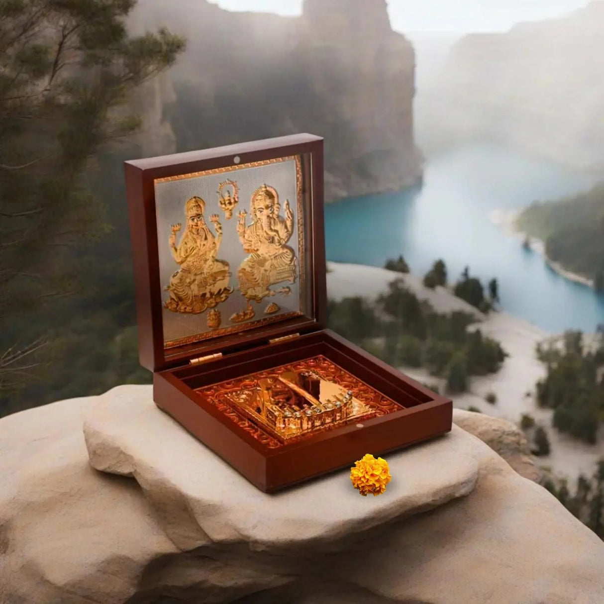 Gold Plated Laxmi Ganesh Photo Frame with Charan Paduka for Diwali Housewarming Return Gift Worship Pooja Room Decor Hindu God Religious Devotional Paduka Prayer Box Momento Prosperity Gift - LoveNspire