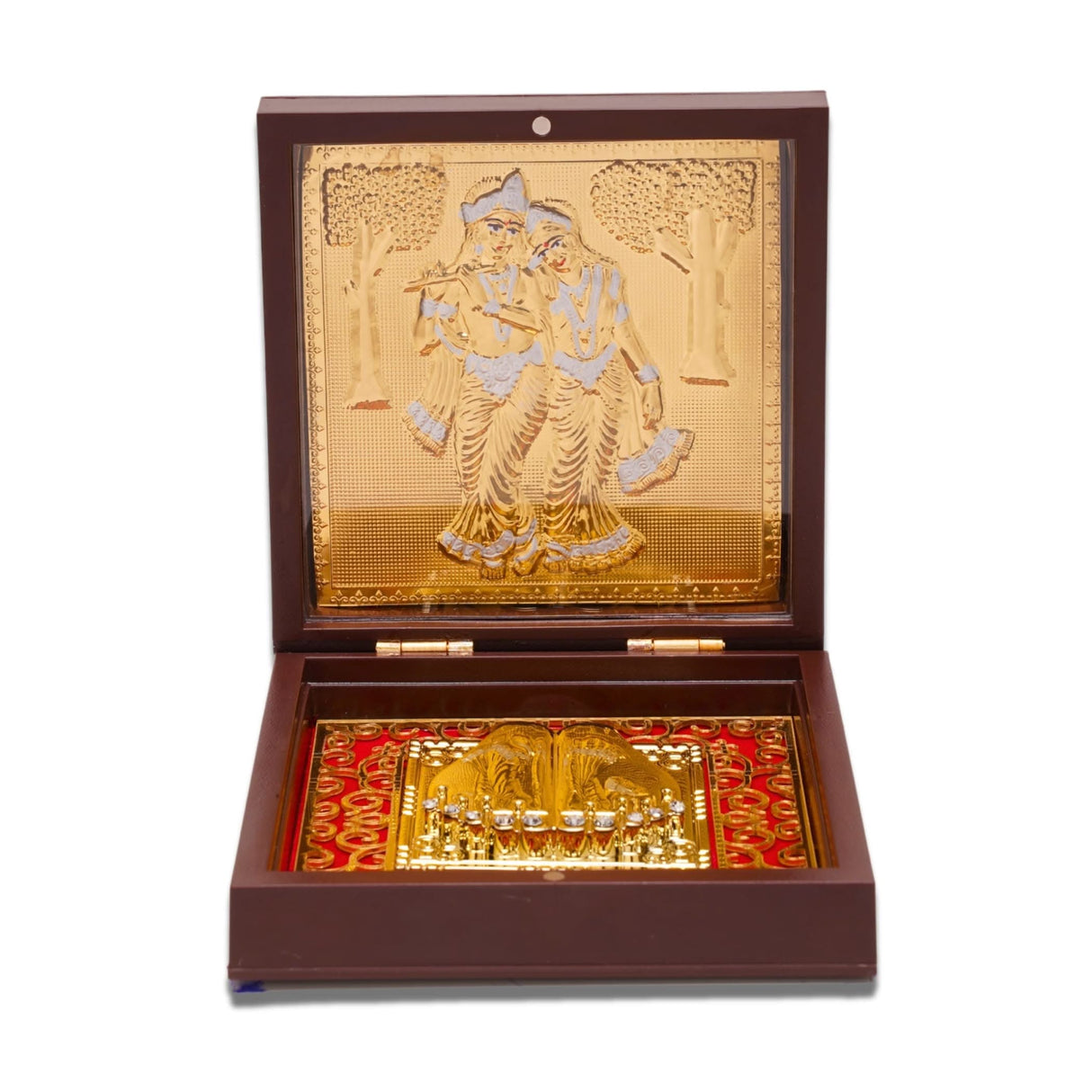 Gold Plated Radha Krishna Photo Frame with Charan Paduka for Diwali Housewarming Return Gift Worship Pooja Room Decor Hindu God Religious Devotional Paduka Prayer Box - LoveNspire