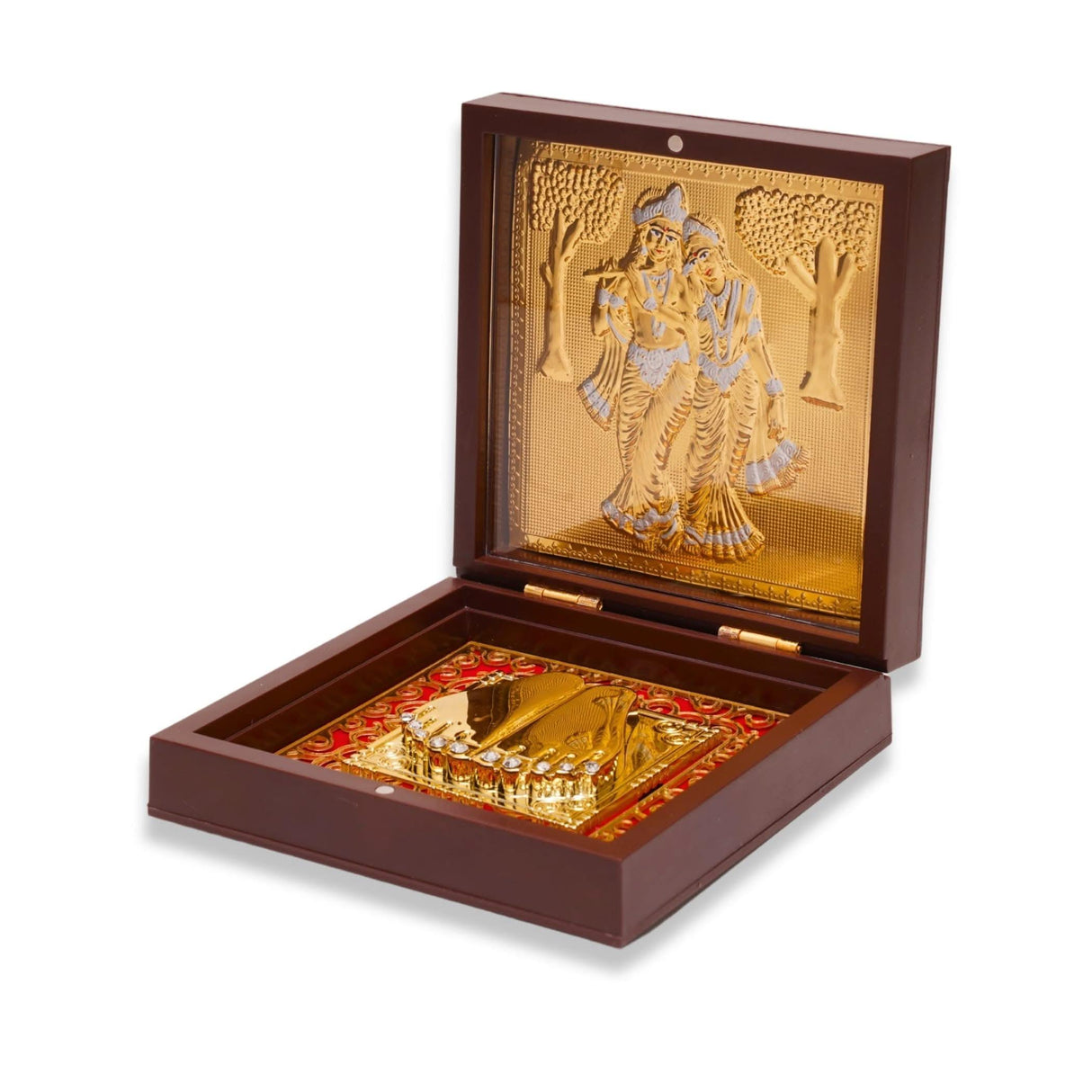 Gold Plated Radha Krishna Photo Frame with Charan Paduka for Diwali Housewarming Return Gift Worship Pooja Room Decor Hindu God Religious Devotional Paduka Prayer Box - LoveNspire