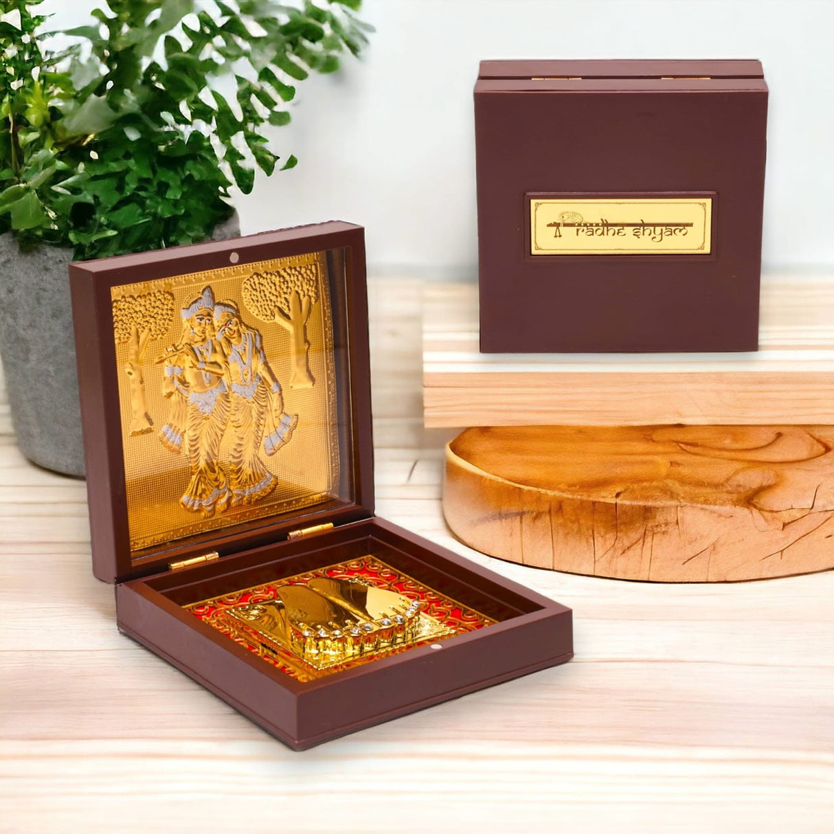 Gold Plated Radha Krishna Photo Frame with Charan Paduka for Diwali Housewarming Return Gift Worship Pooja Room Decor Hindu God Religious Devotional Paduka Prayer Box - LoveNspire