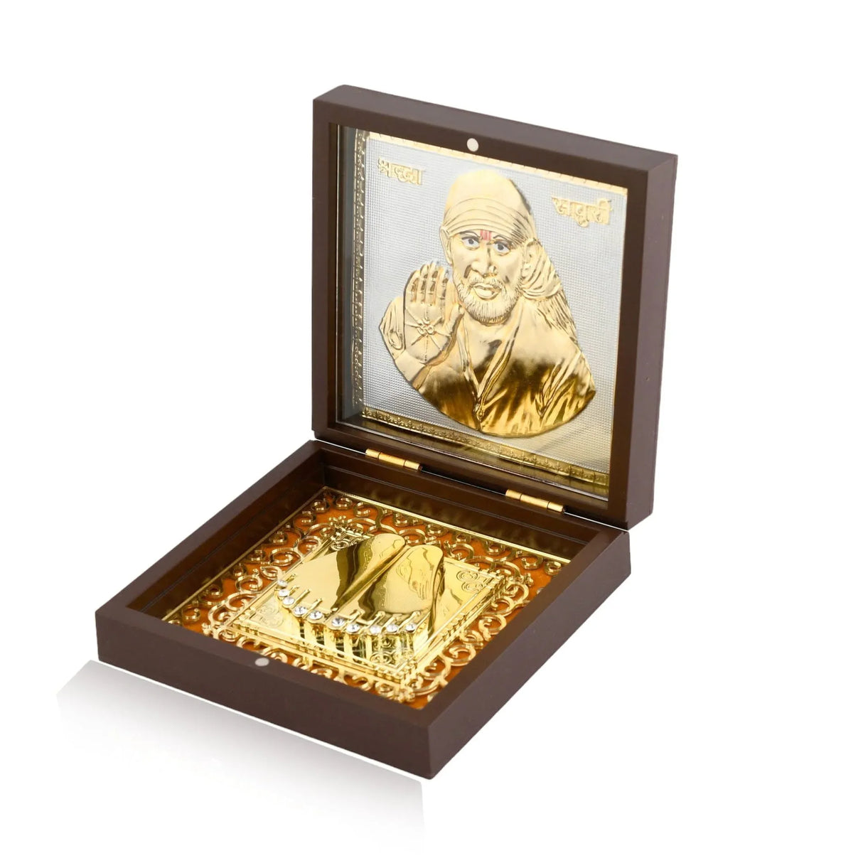 Gold Plated Sai Baba Photo Frame with Charan Paduka for Diwali Housewarming Indian Wedding Return Gift Worship Pooja Room Decor Hindu Religious Devotional Paduka Prayer Box Good Luck Gift - LoveNspire