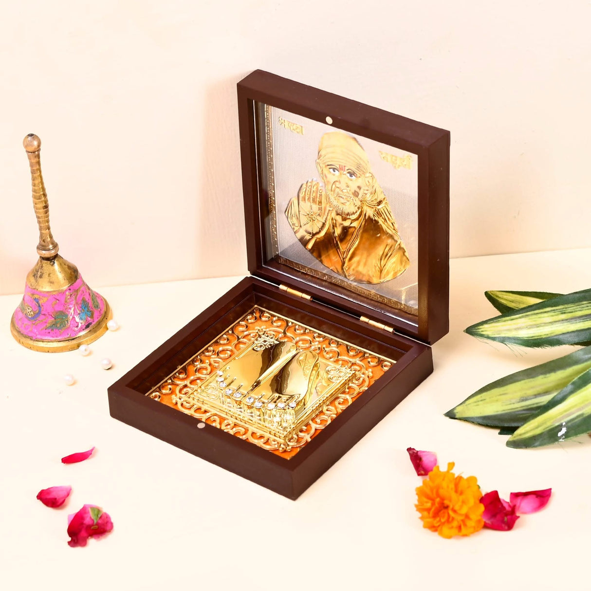 Gold Plated Sai Baba Photo Frame with Charan Paduka for Diwali Housewarming Indian Wedding Return Gift Worship Pooja Room Decor Hindu Religious Devotional Paduka Prayer Box Good Luck Gift - LoveNspire