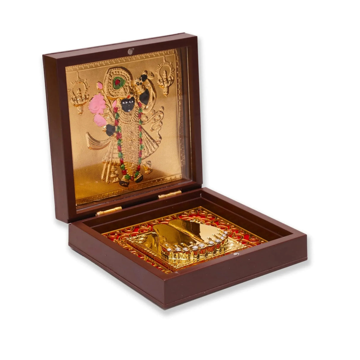 Gold Plated Shri Nath Ji Photo Frame with Charan Paduka for Housewarming Baby Shower Return Gift Worship Pooja Room Decor Hindu God Religious Shreenathji Krishna Prayer Box Momento Gifts - LoveNspire