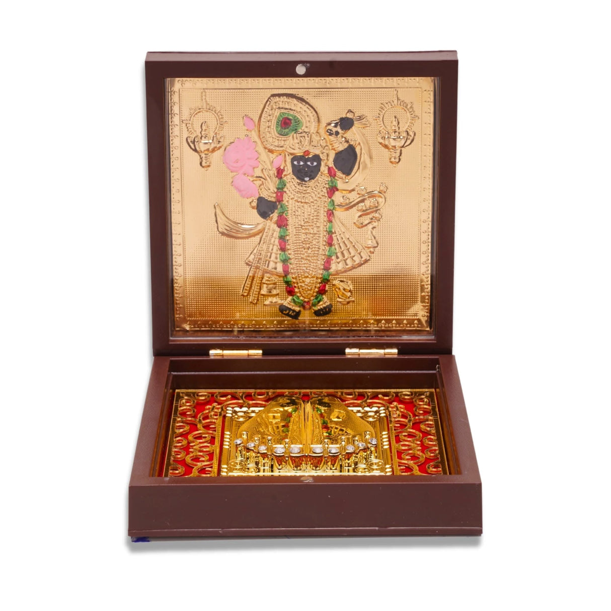 Gold Plated Shri Nath Ji Photo Frame with Charan Paduka for Housewarming Baby Shower Return Gift Worship Pooja Room Decor Hindu God Religious Shreenathji Krishna Prayer Box Momento Gifts - LoveNspire