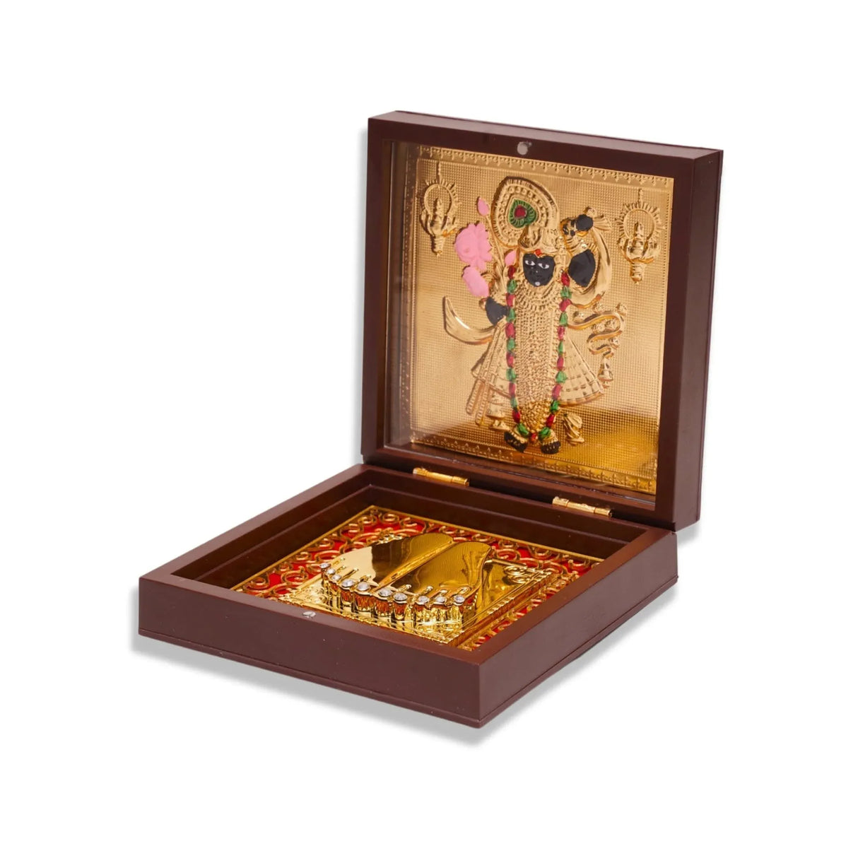 Gold Plated Shri Nath Ji Photo Frame with Charan Paduka for Housewarming Baby Shower Return Gift Worship Pooja Room Decor Hindu God Religious Shreenathji Krishna Prayer Box Momento Gifts - LoveNspire