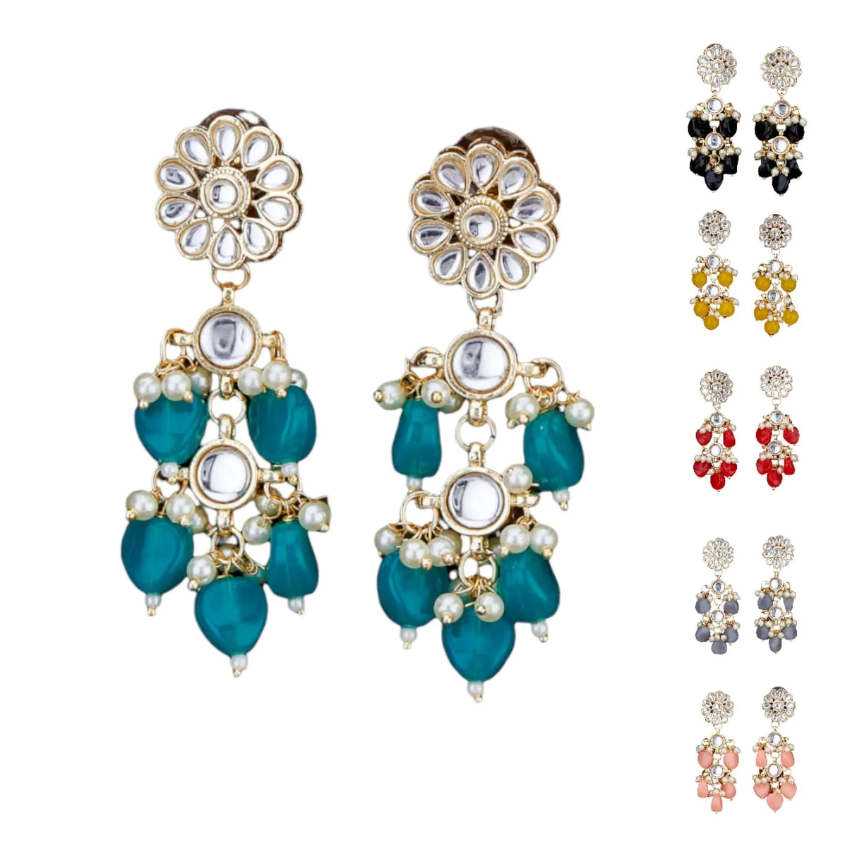 Indian Jhumka Earrings for Women - Large Floral Kundan Faux Pearls Drop Chanbali Earrings Indian Jhumki Ethnic Beaded Bollywood Style Dangle Earrings Jewelry for Bride Birthday Gift for Her - LoveNspire