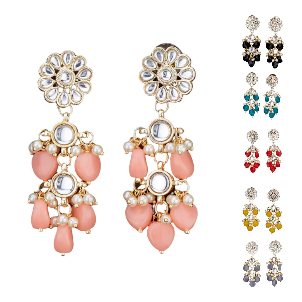 Indian Jhumka Earrings for Women - Large Floral Kundan Faux Pearls Drop Chanbali Earrings Indian Jhumki Ethnic Beaded Bollywood Style Dangle Earrings Jewelry for Bride Birthday Gift for Her - LoveNspire