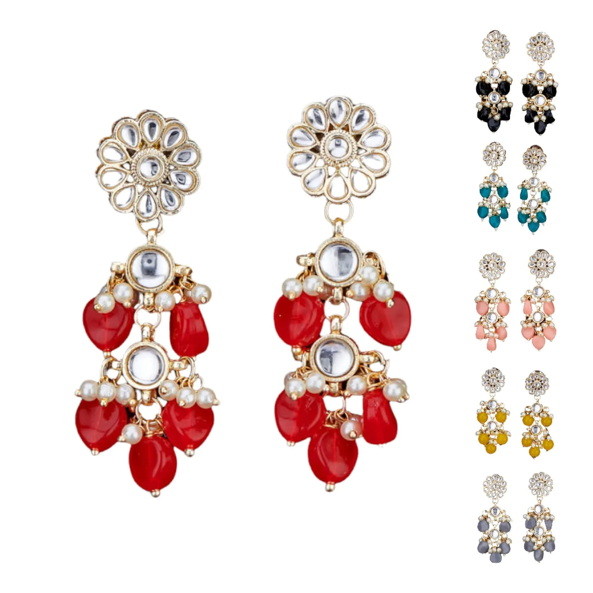 Indian Jhumka Earrings for Women - Large Floral Kundan Faux Pearls Drop Chanbali Earrings Indian Jhumki Ethnic Beaded Bollywood Style Dangle Earrings Jewelry for Bride Birthday Gift for Her - LoveNspire