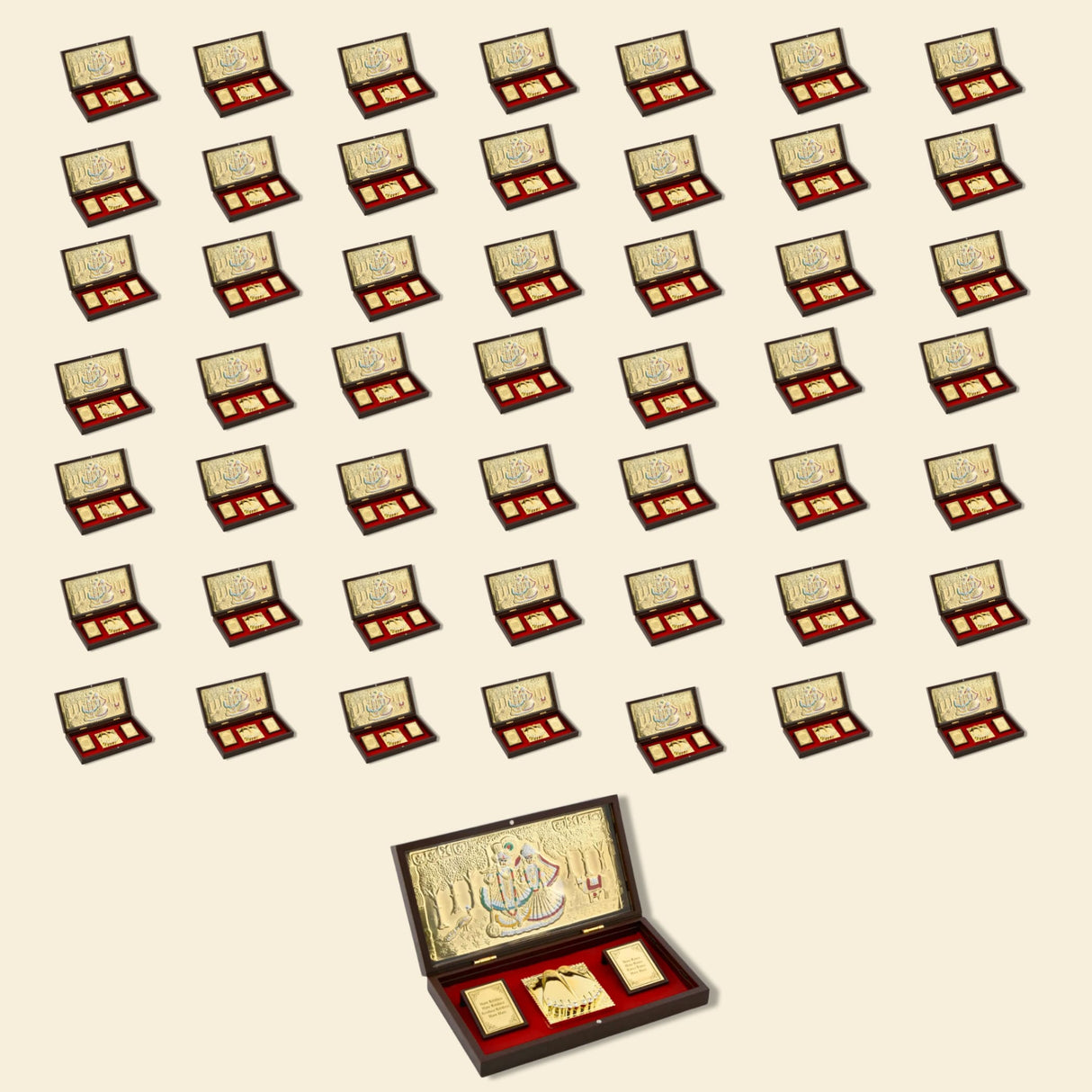 Gold plated radha krishna photo frame with charan paduka and mantra in golden ornate plaque set in dark wood box with red velvet lining