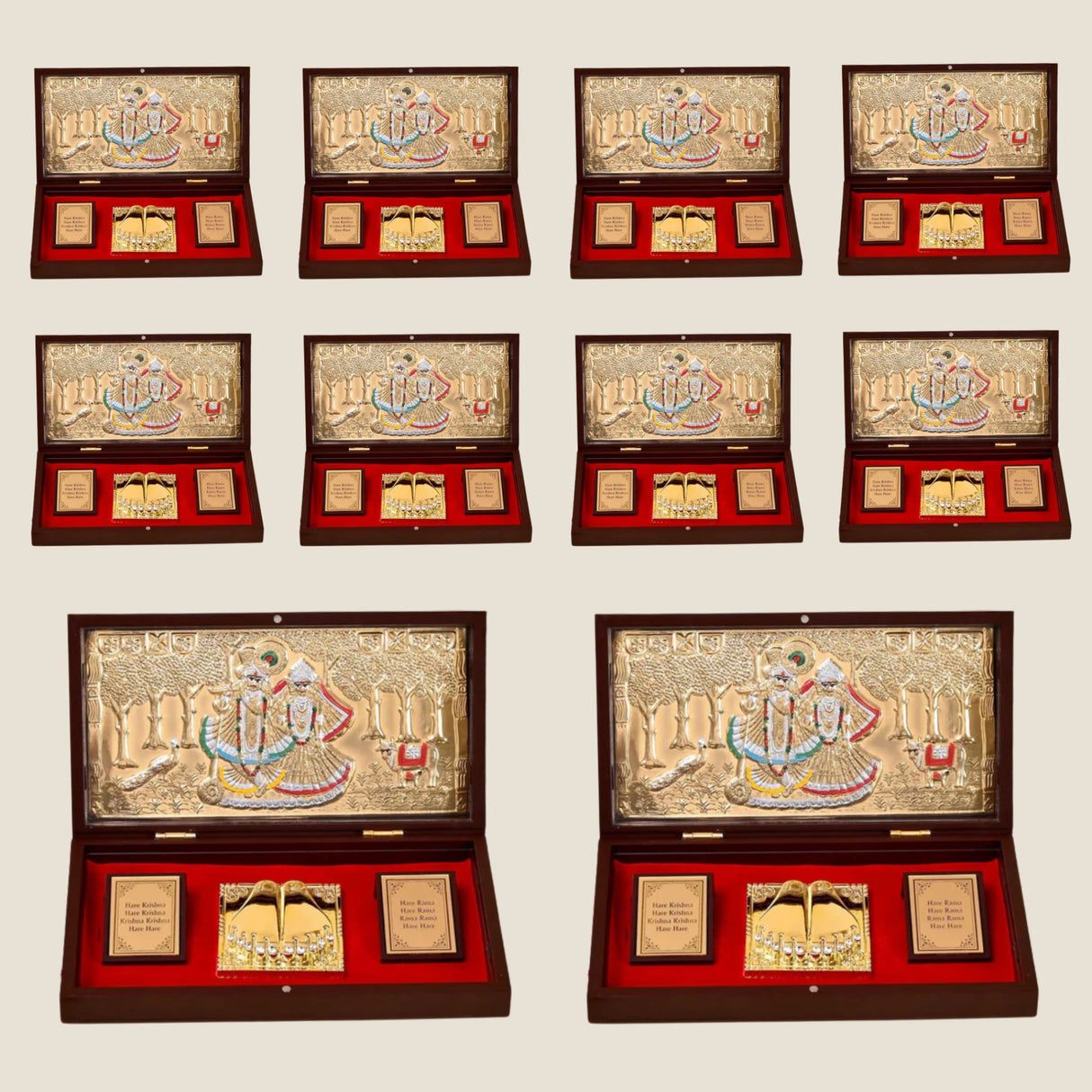 Large gold plated Radha Krishna photo frame with charan paduka in a dark wood box with red velvet lining for pooja