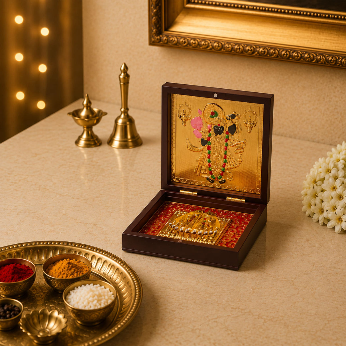 Gold plated shrinath krishna photo frame with golden ornate box featuring deity illustration and red fabric lined compartment