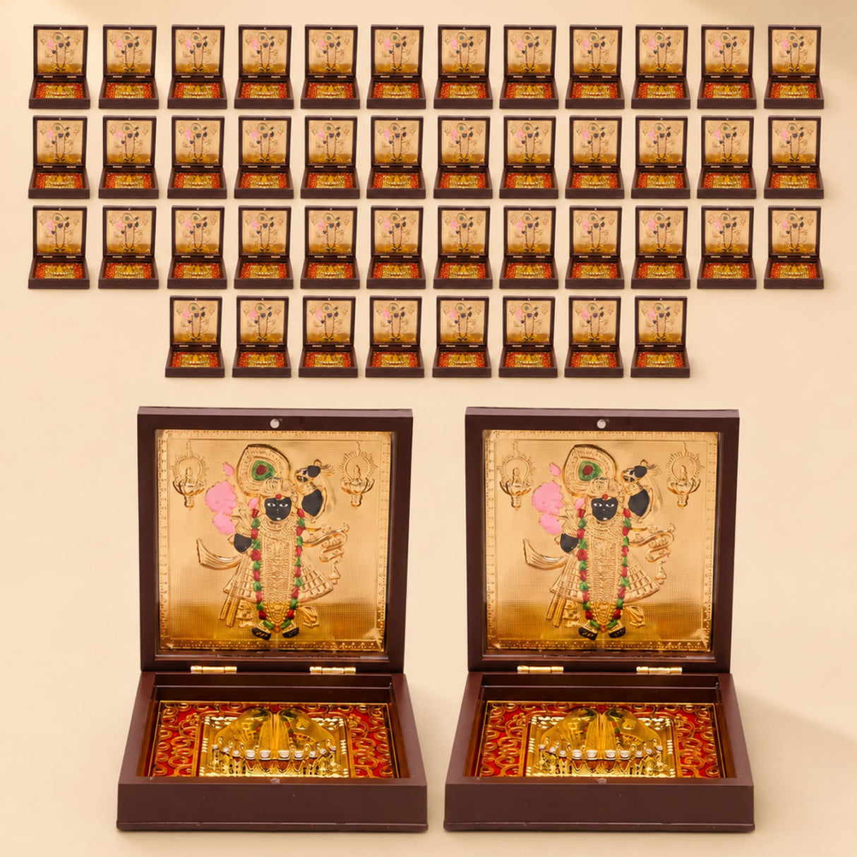 Gold plated shrinath krishna deity portrait in ornate dark wood box with red and gold interior for home temple decor