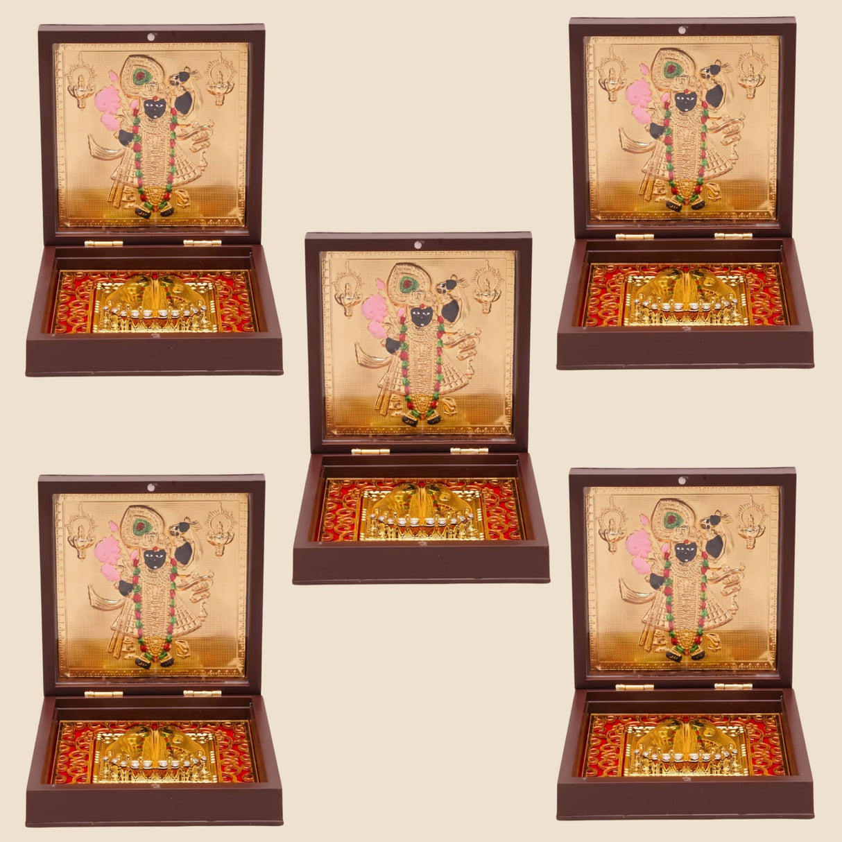 Gold plated shri nath ji deity figurine in dark brown wooden box with red lining for pooja room decor and gifts