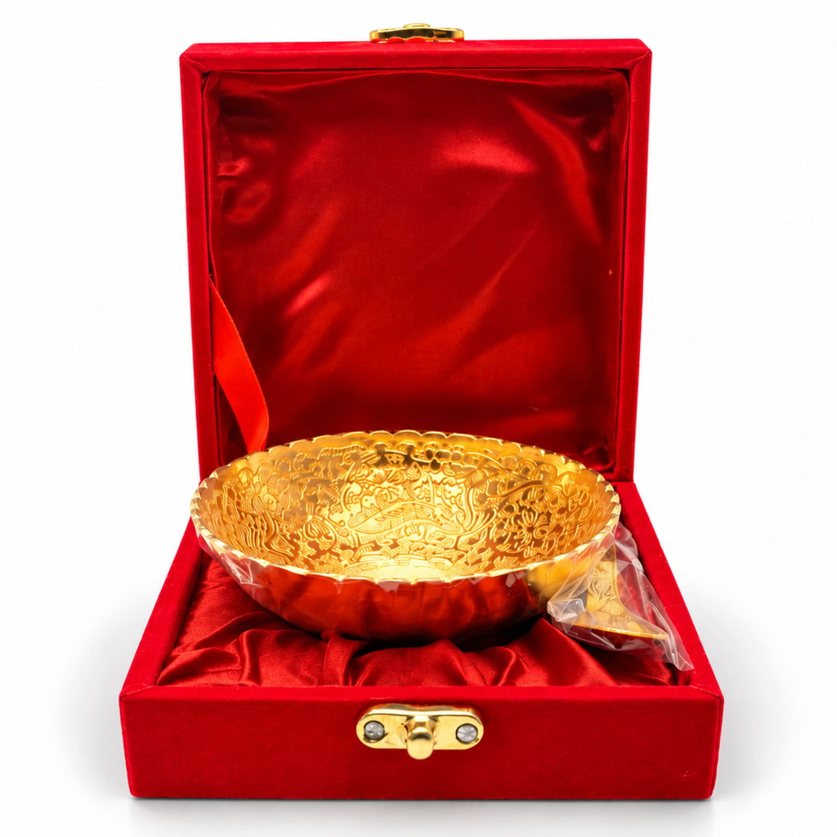 Gold-tone german silver ornate bowl with floral and dragon designs in red velvet box for pooja and festive gifts