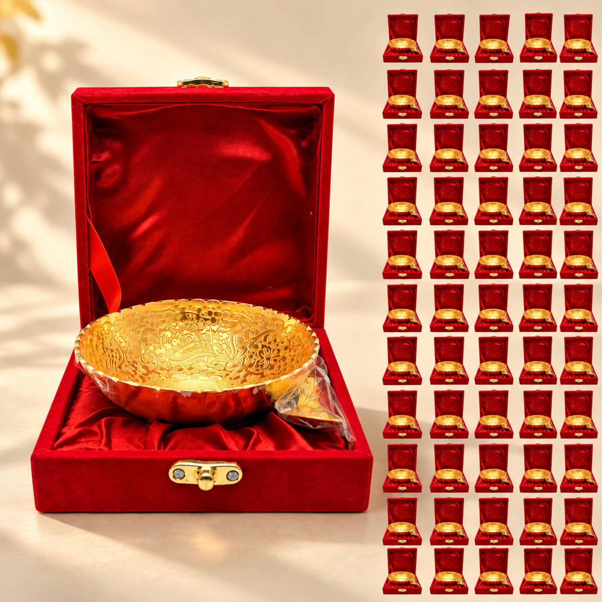 Gold-tone german silver ornate bowl nestled in a red velvet box for pooja eid diwali housewarming gifts