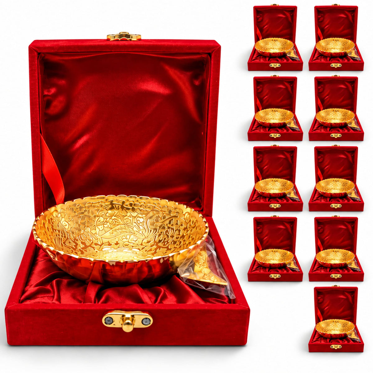 Gold-tone german silver ornate bowl in a red velvet-lined box part of a 2-piece dessert serving set for pooja and gifts