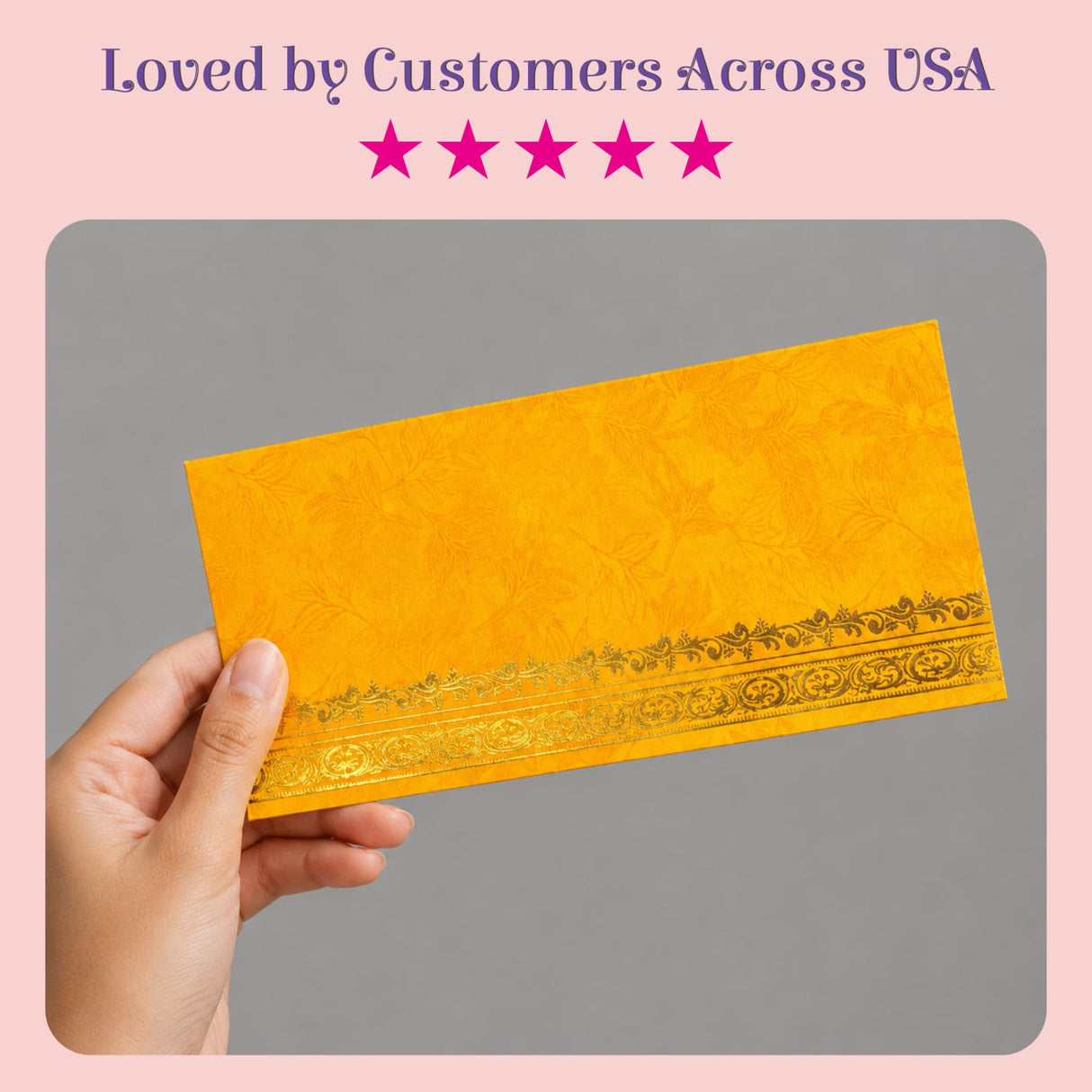 A vibrant yellow money envelope with ornate gold border and floral embossing for indian wedding and gift use