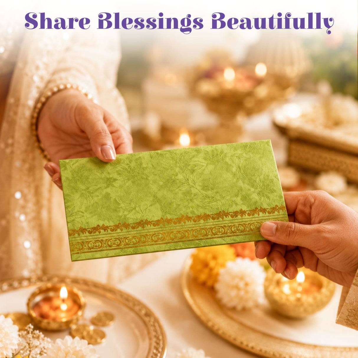 A green embossed money envelope with intricate gold decorative borders for shagun and cash gifts
