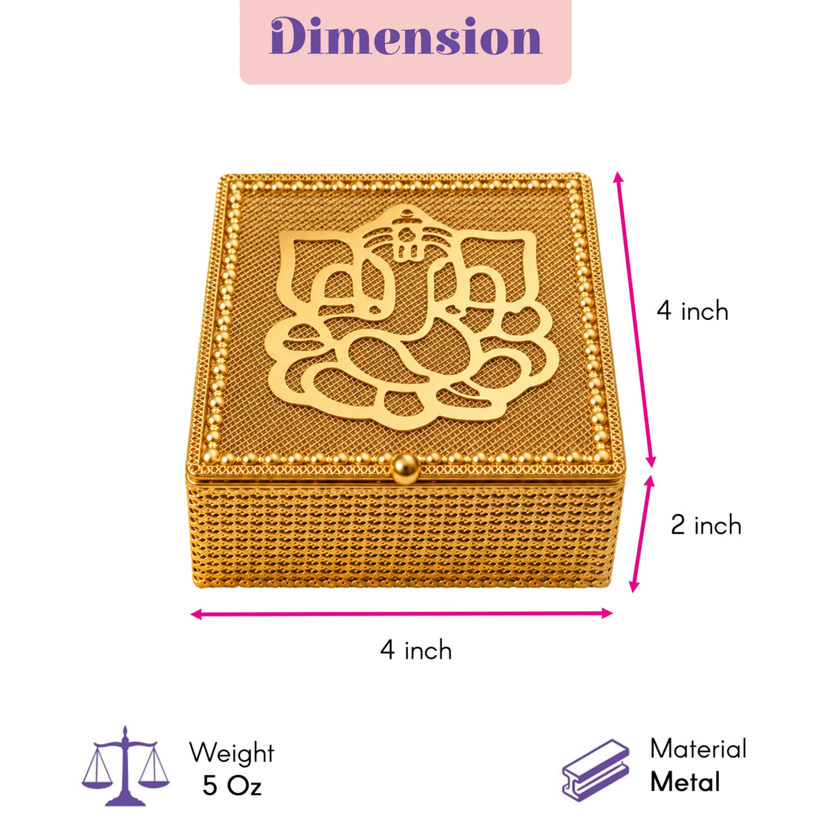 Decorative golden metal gift box with detailed ganesha design on lid and beaded edges for traditional Indian festivals