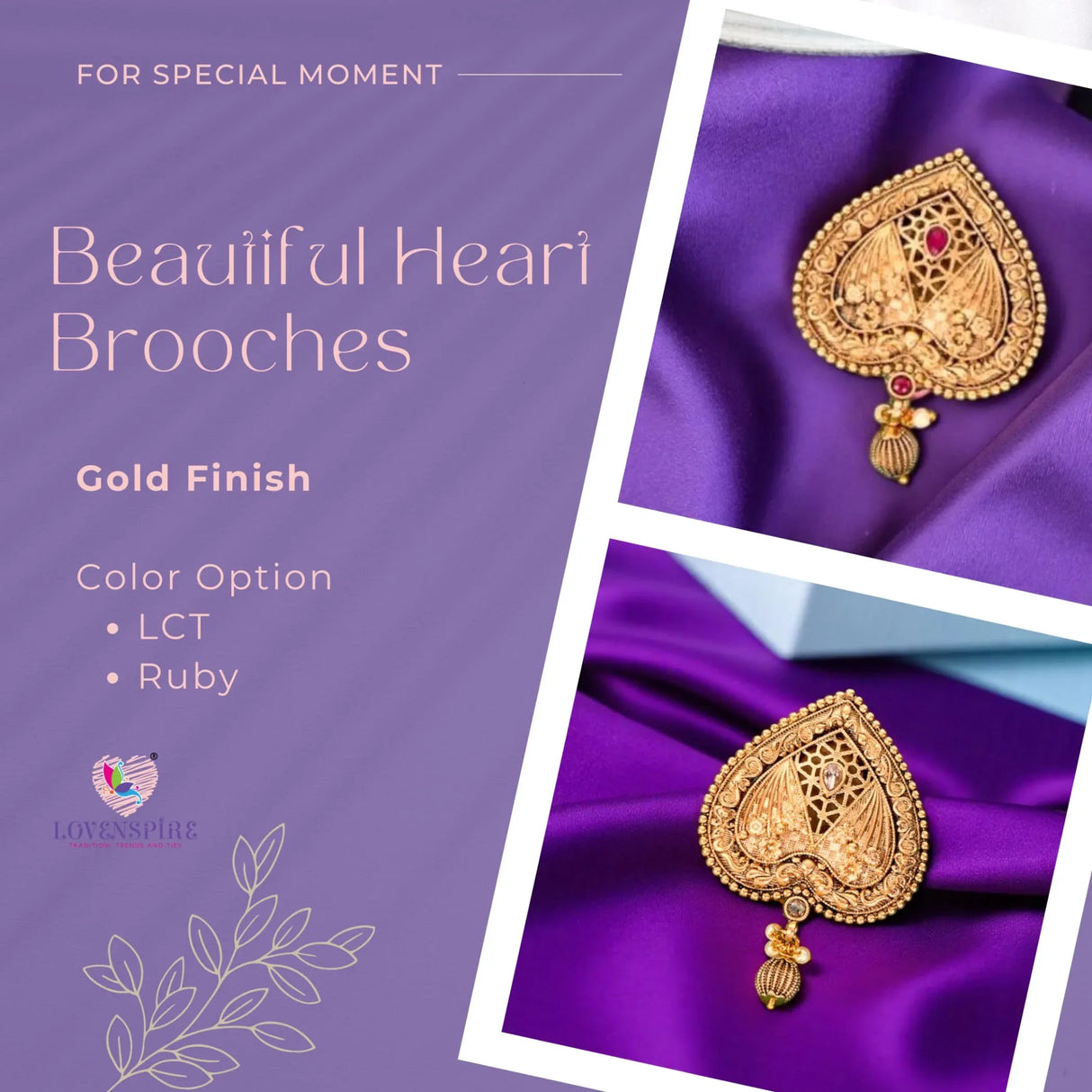 Sari Brooch for Indian Saree Heart Design Traditional Bollywood Jewelry Brooch for Women Bridal Golden Brooches Pins Scarf Dupatta Dress Wedding Accessories Gift for Her (2.5 Inch) - LoveNspire