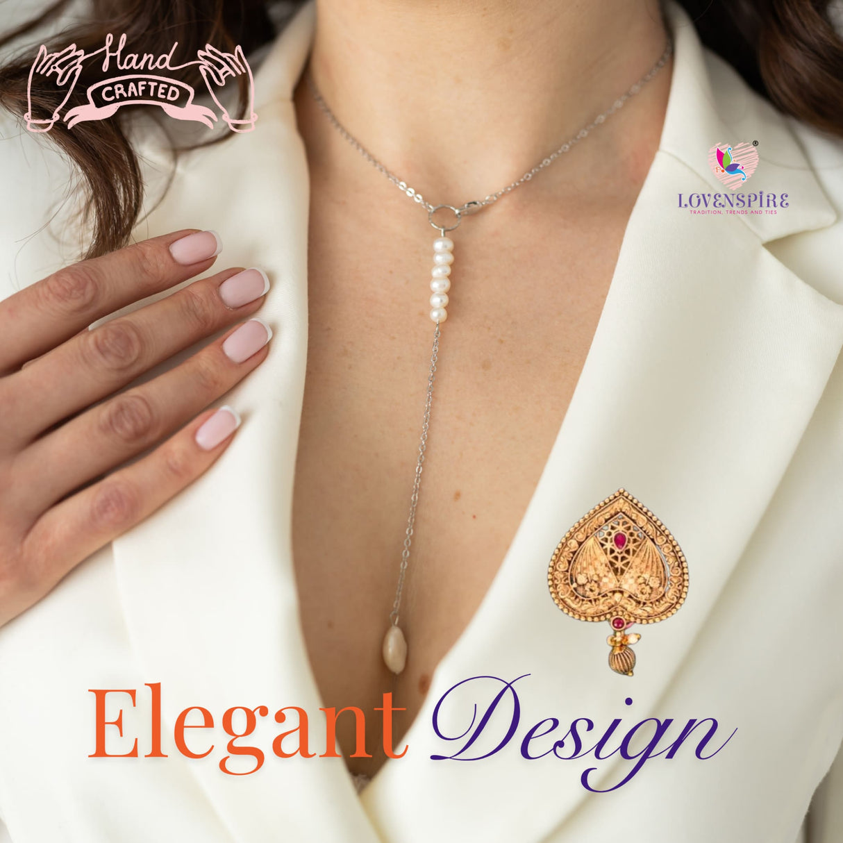 Elegant pearl drop necklace and ornate gold brooch for Indian saree and wedding attire