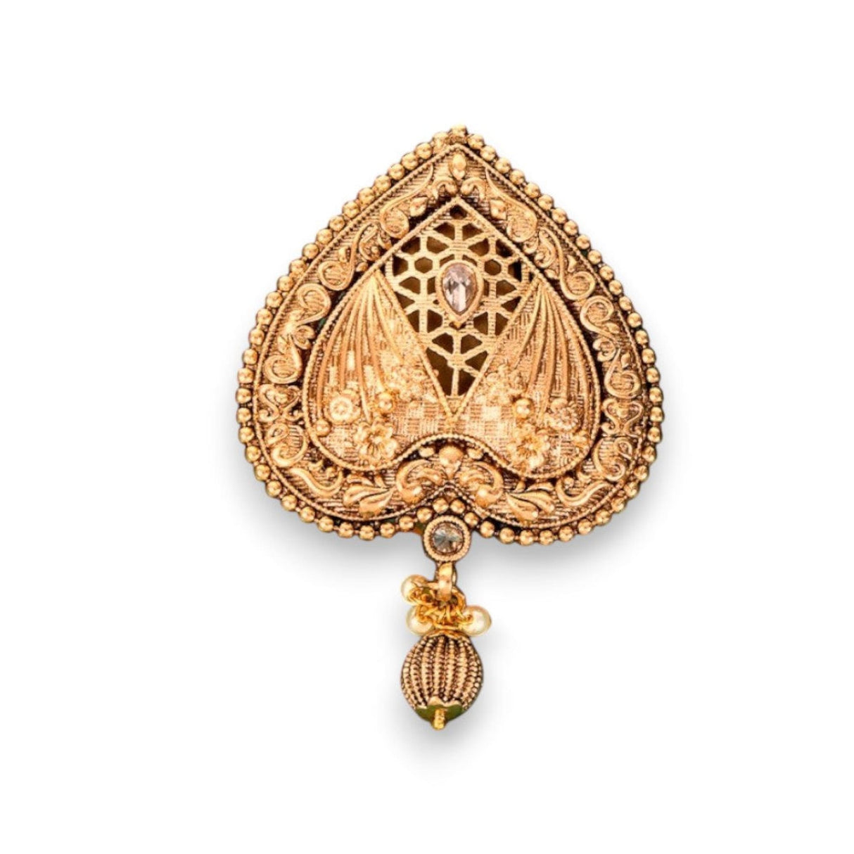 Ornate gold sari brooch with central gemstone and dangling beads for Indian bridal attire