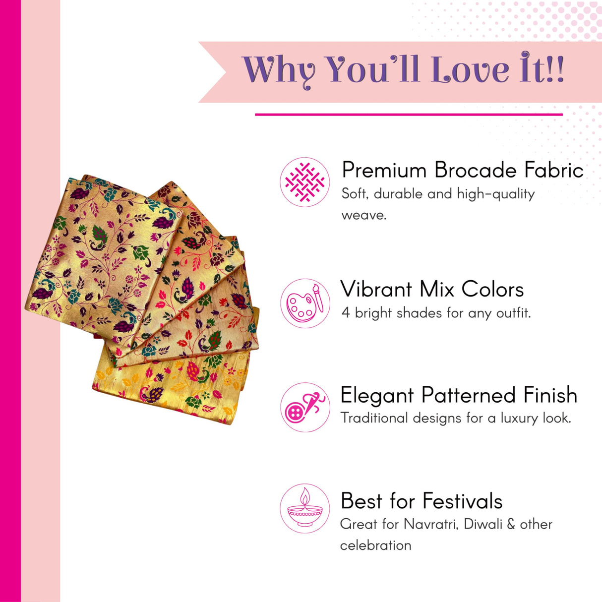 Unstitched golden meenakari blouse pieces featuring golden brocade fabric with vibrant floral and peacock patterns for saree pooja housewarming and indian return gifts