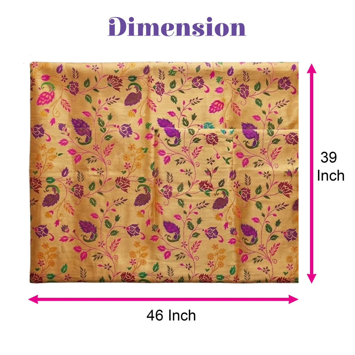 Unstitched golden meenakari blouse piece in golden yellow silk with intricate purple pink green floral patterns for saree and gifts