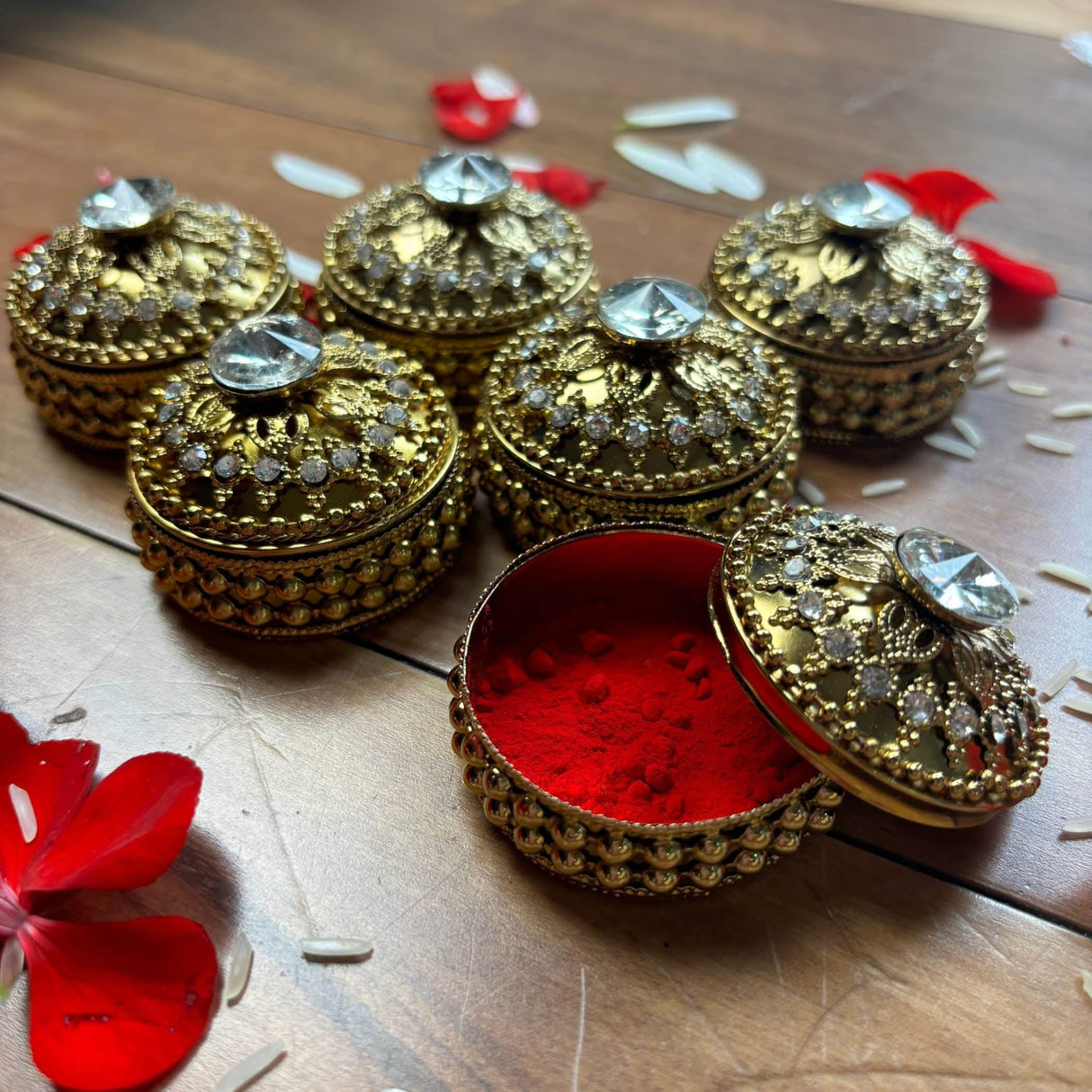 Golden Metallic Kumkum Holder Decorative Sindoor Roli Chandan Dabbi Designer Jewelry Box Indian Pooja Housewarming Gift Wedding Favor Gift for Her - LoveNspire