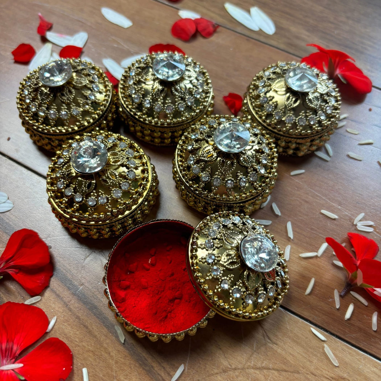 Golden Metallic Kumkum Holder Decorative Sindoor Roli Chandan Dabbi Designer Jewelry Box Indian Pooja Housewarming Gift Wedding Favor Gift for Her - LoveNspire