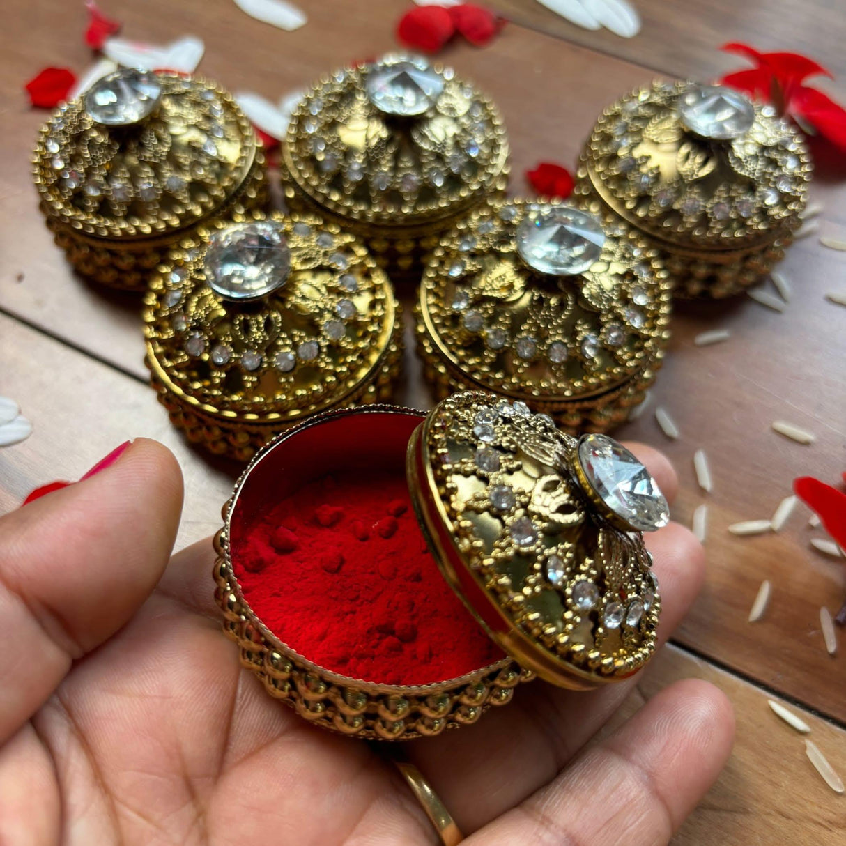 Golden Metallic Kumkum Holder Decorative Sindoor Roli Chandan Dabbi Designer Jewelry Box Indian Pooja Housewarming Gift Wedding Favor Gift for Her - LoveNspire