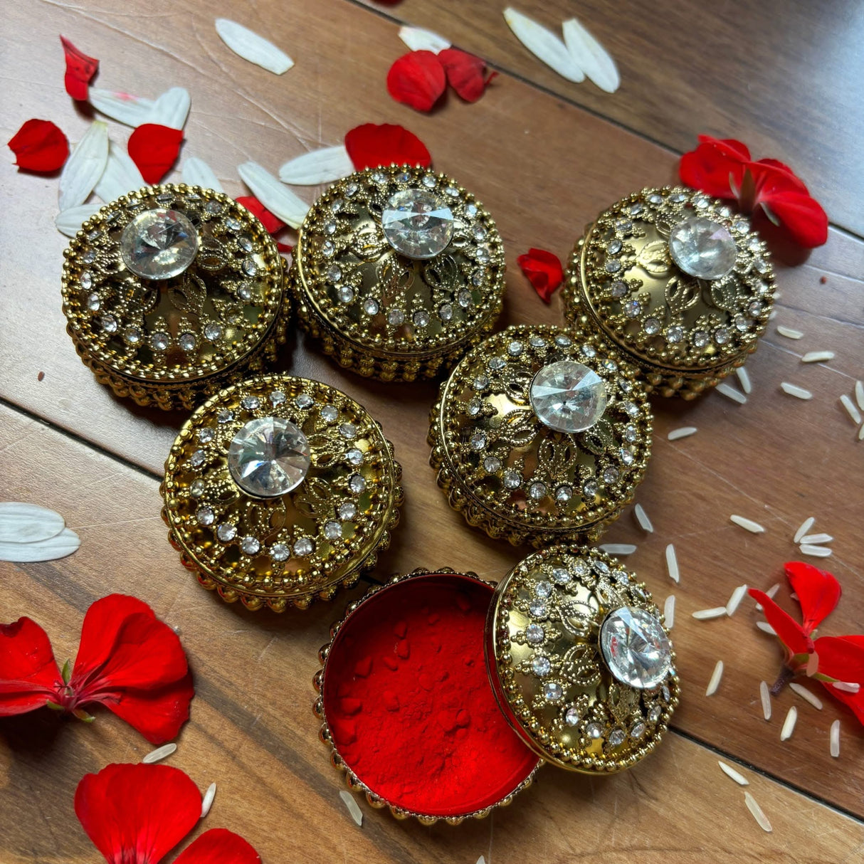 Golden Metallic Kumkum Holder Decorative Sindoor Roli Chandan Dabbi Designer Jewelry Box Indian Pooja Housewarming Gift Wedding Favor Gift for Her - LoveNspire