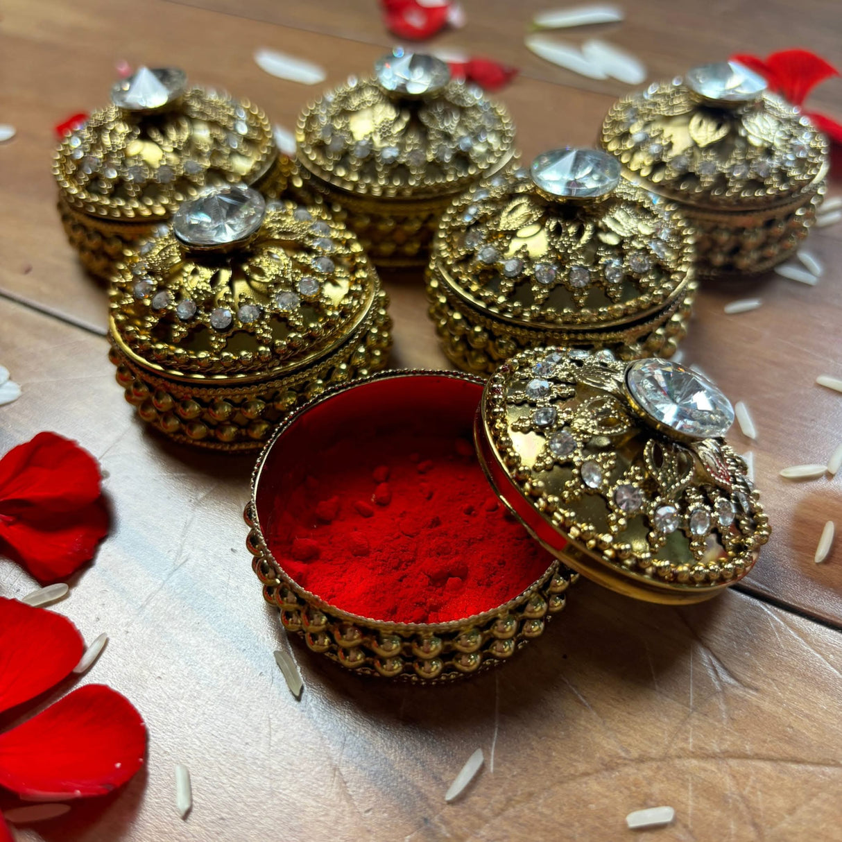 Golden Metallic Kumkum Holder Decorative Sindoor Roli Chandan Dabbi Designer Jewelry Box Indian Pooja Housewarming Gift Wedding Favor Gift for Her - LoveNspire