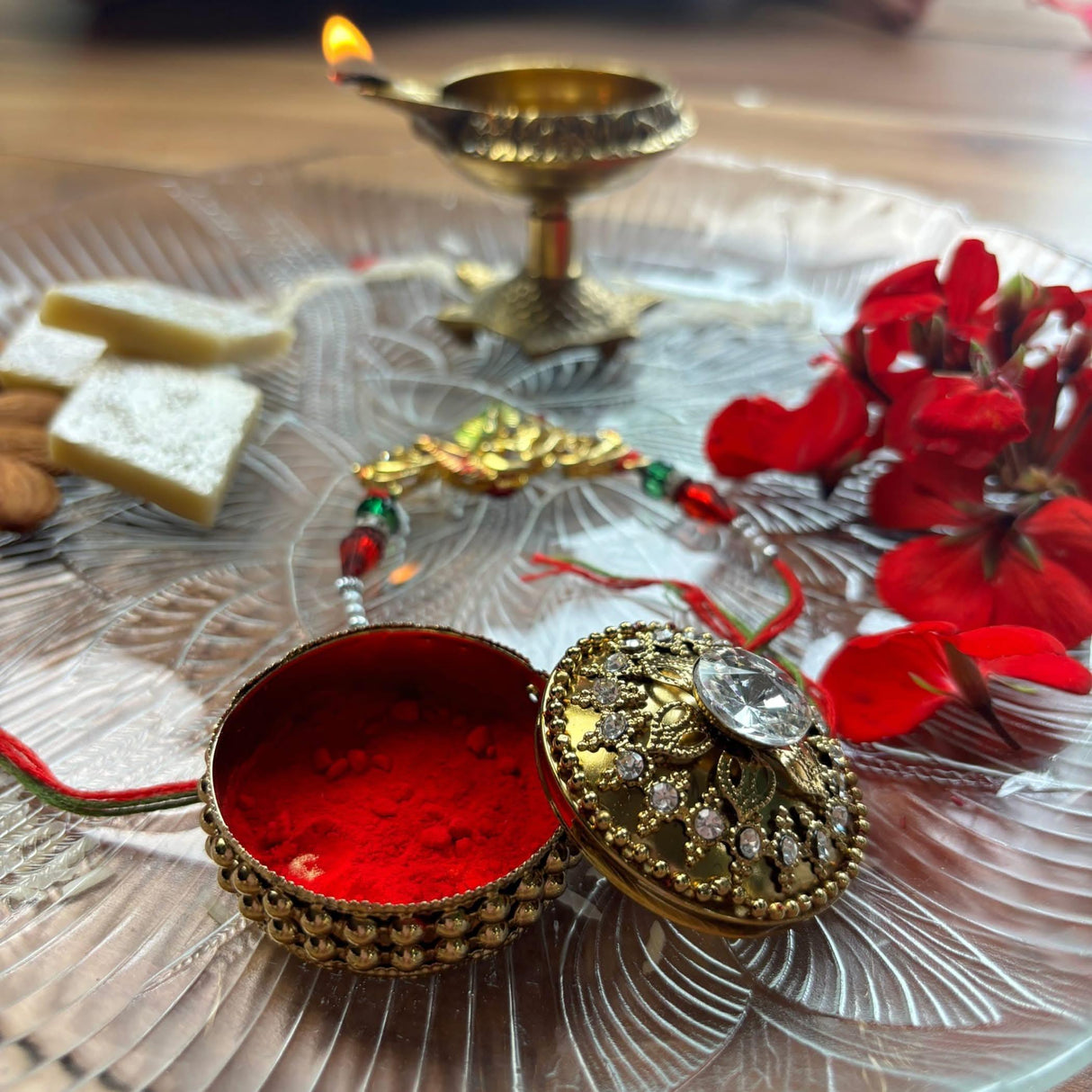 Golden Metallic Kumkum Holder Decorative Sindoor Roli Chandan Dabbi Designer Jewelry Box Indian Pooja Housewarming Gift Wedding Favor Gift for Her - LoveNspire