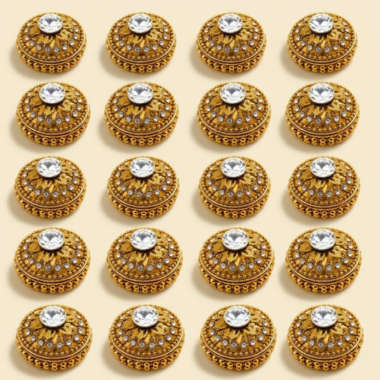 Golden metallic kumkum holder with ornate golden buttons featuring embossed patterns and clear rhinestones for pooja