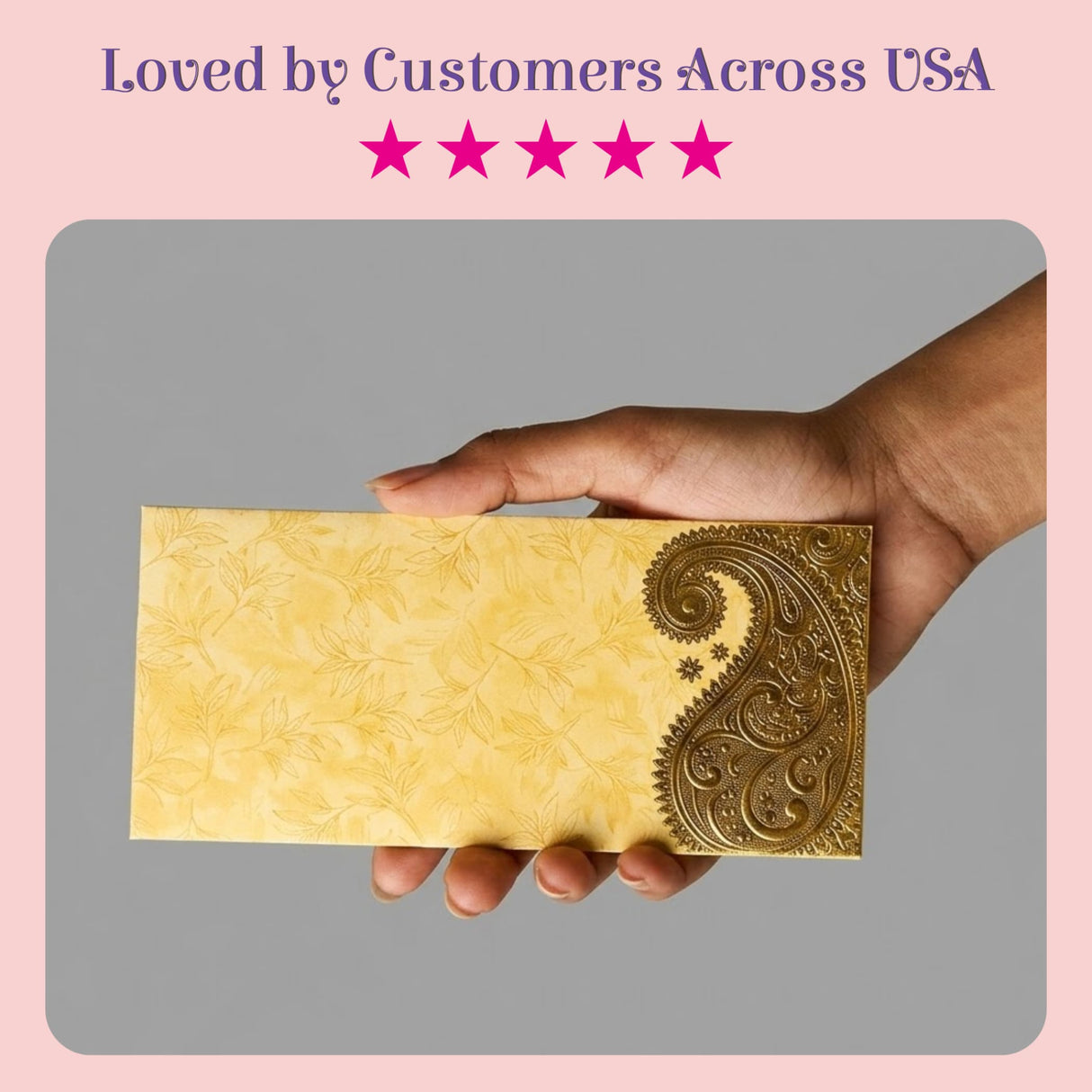 Gold-embossed paisley patterned money envelope with textured pale yellow base for indian wedding cash gifts