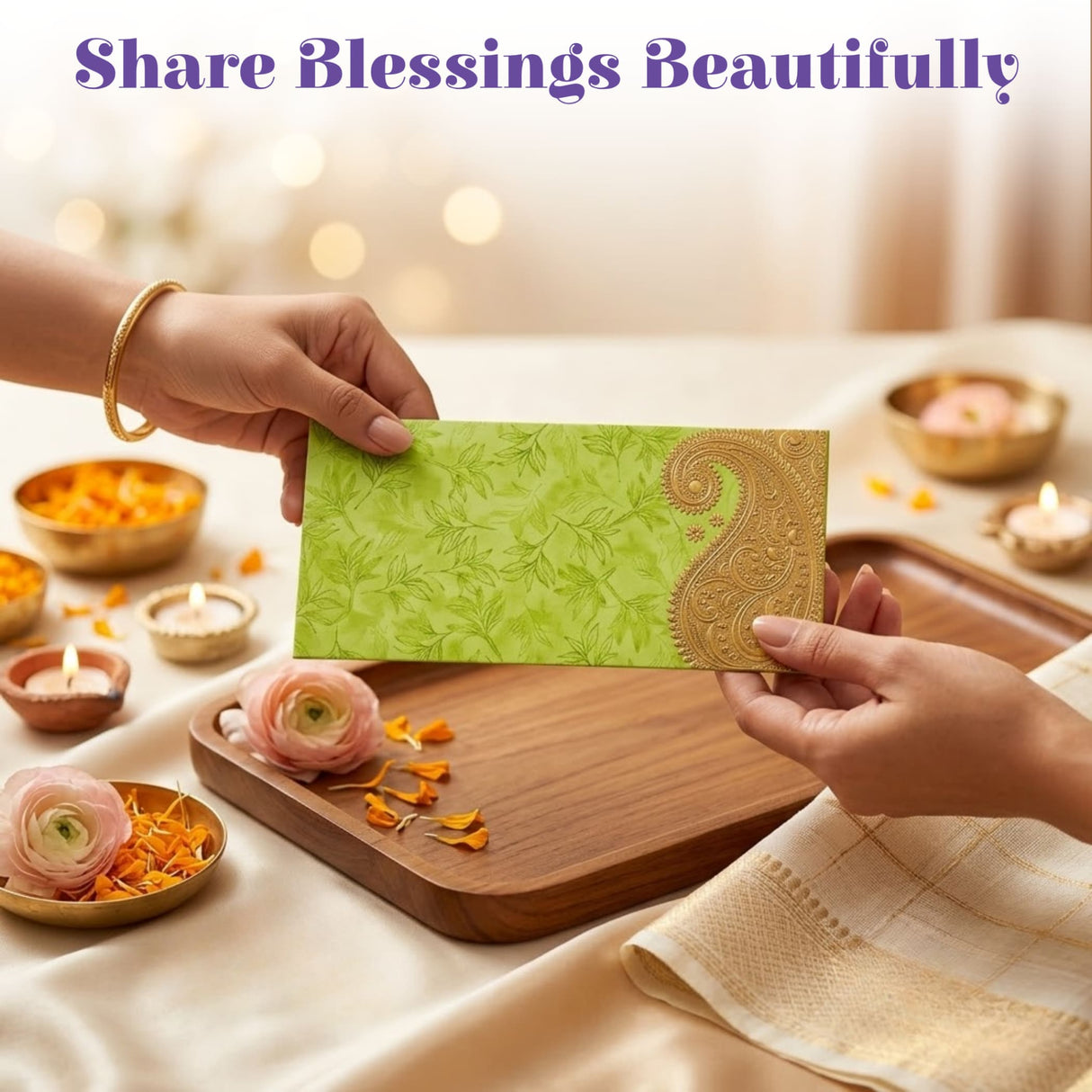 A vibrant green money envelope with ornate golden paisley and leaf patterns for indian wedding cash gifts