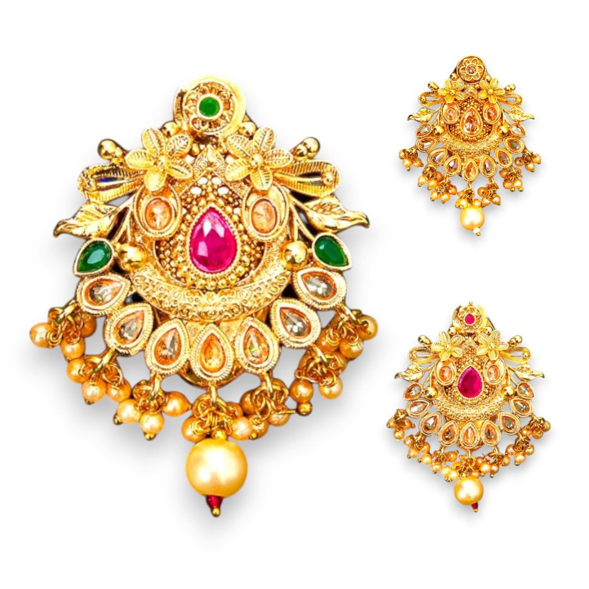 Elegant ornate gold jewelry set with colorful gemstones for Indian saree bridal accessories