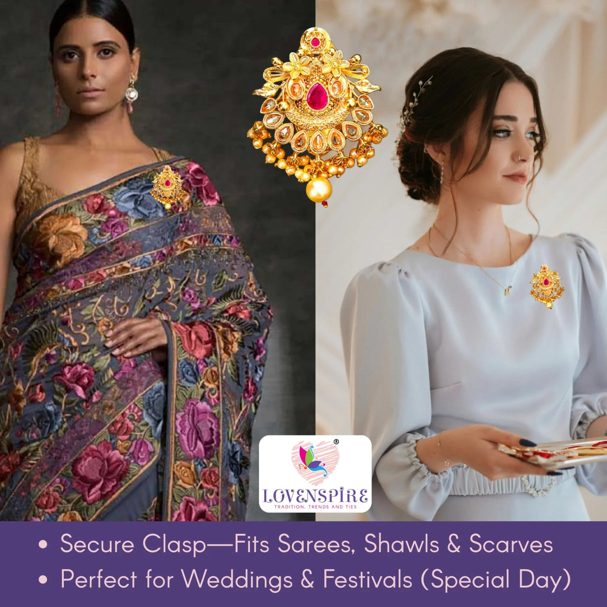 Sari Brooch for Indian Saree Bollywood Traditional Kundan Design Jewelry Brooch for Women Bridal Golden Brooches Pins Scarf Dupatta Dress Accessories for Wedding (2.5 Inches) - LoveNspire