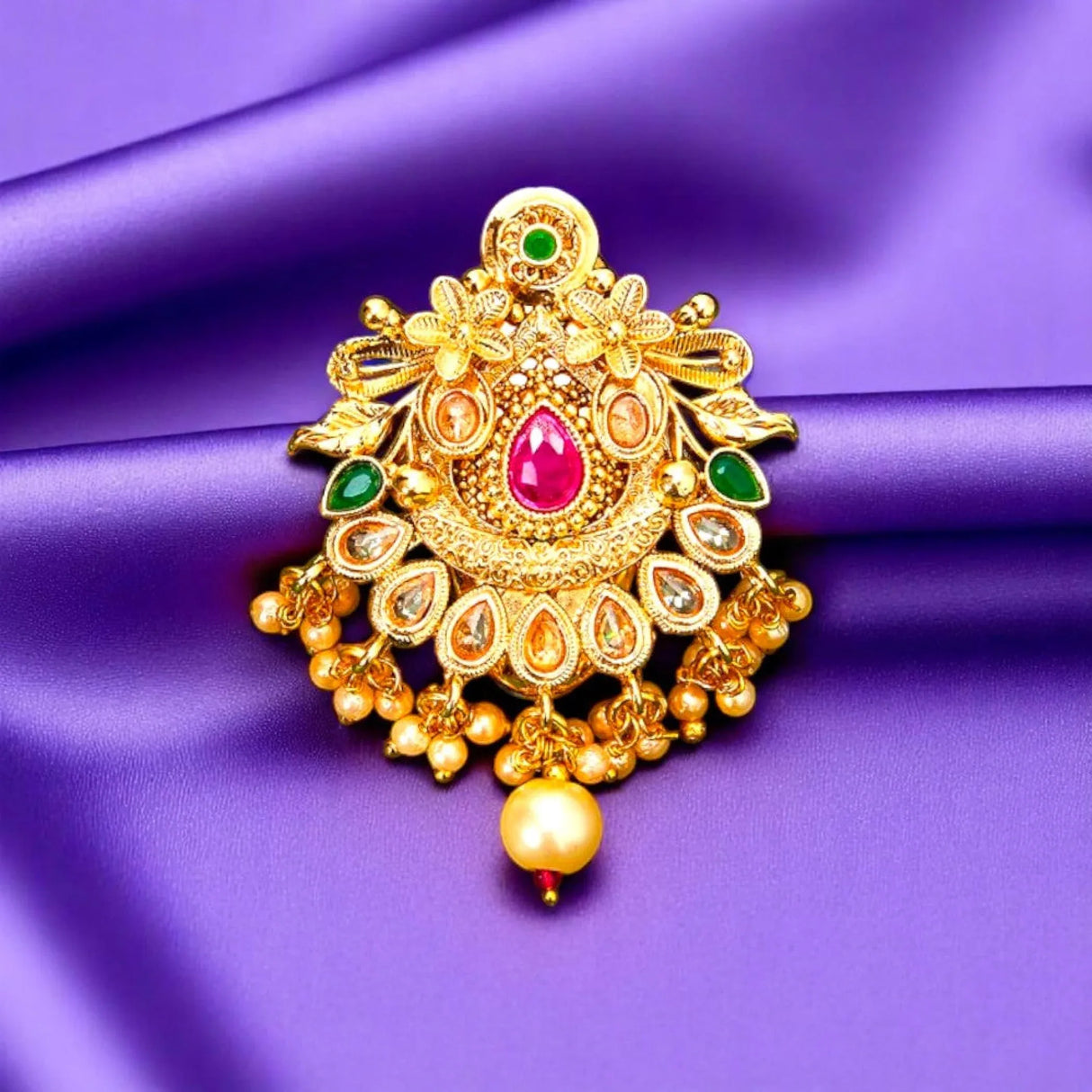 Sari Brooch for Indian Saree Bollywood Traditional Kundan Design Jewelry Brooch for Women Bridal Golden Brooches Pins Scarf Dupatta Dress Accessories for Wedding (2.5 Inches) - LoveNspire