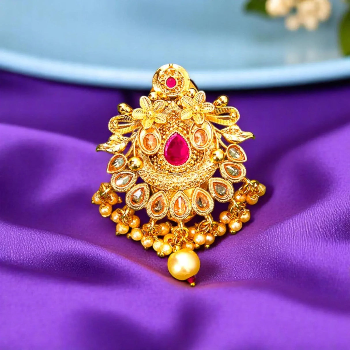 Sari Brooch for Indian Saree Bollywood Traditional Kundan Design Jewelry Brooch for Women Bridal Golden Brooches Pins Scarf Dupatta Dress Accessories for Wedding (2.5 Inches) - LoveNspire