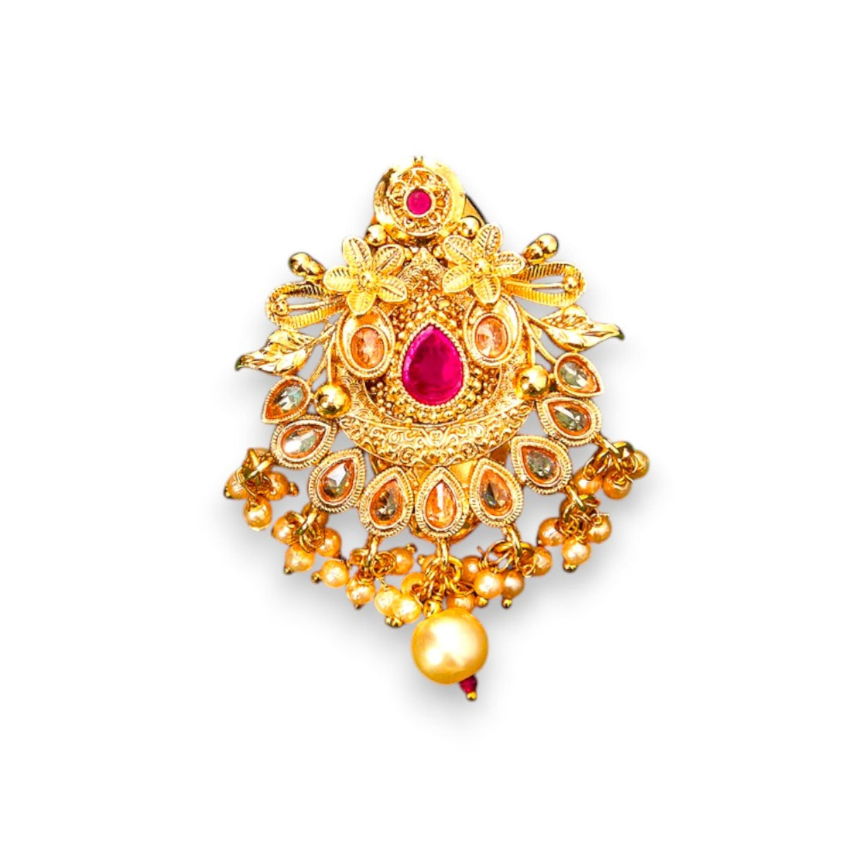 Ornate gold Sari Brooch with ruby and pearl accents for Indian bridal attire