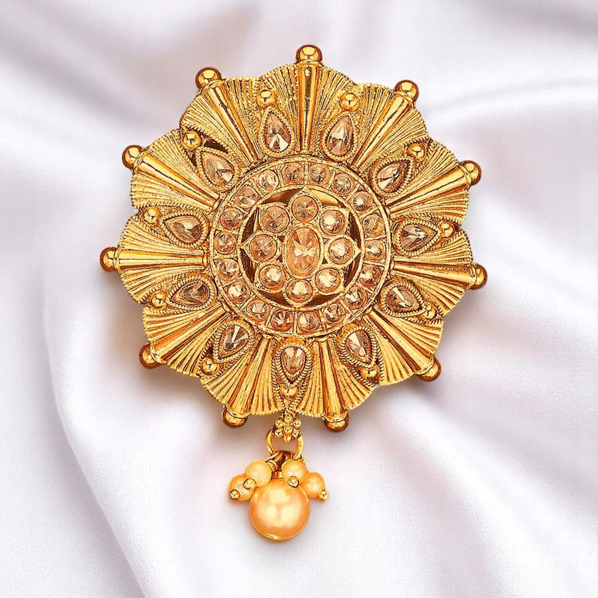 Ornate gold pendant with pearl drop from Sari Brooch for Indian Saree Bridal Jewelry