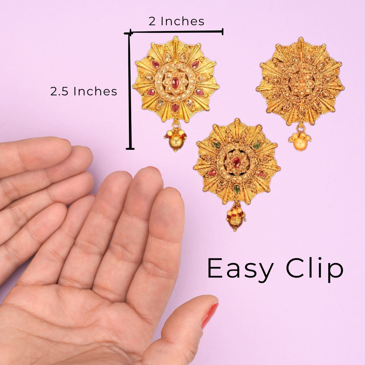 Three ornate gold-colored hair clips featuring traditional Kundan design for Indian wedding fashion