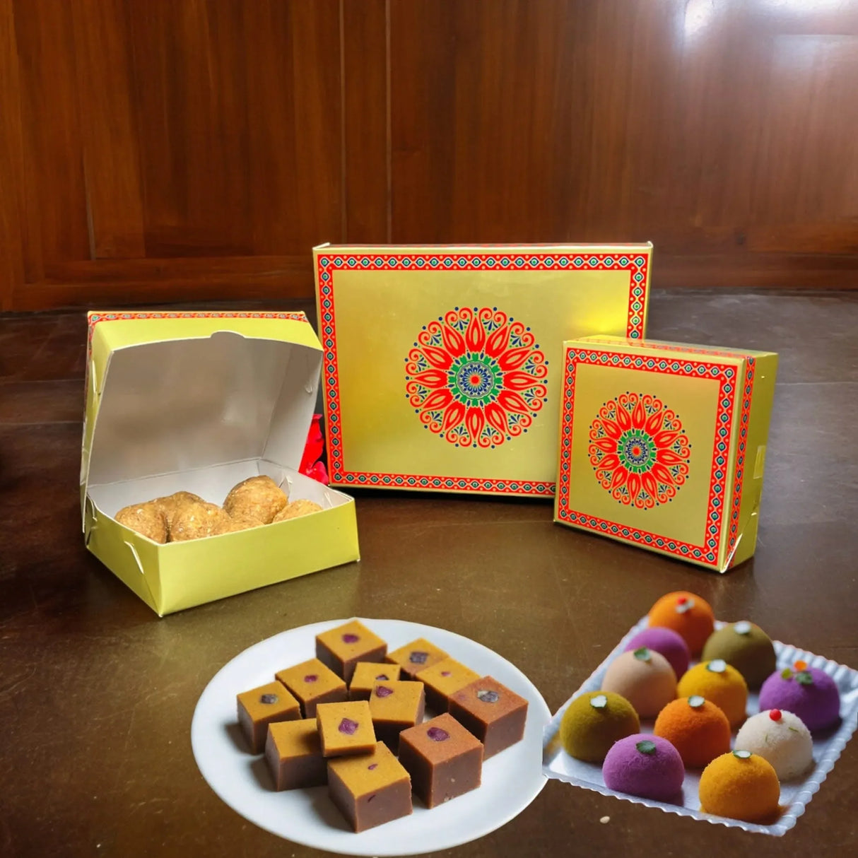 Sweet Boxes for Indian Sweets Mandala Design Empty Mithai Box for Ladoo Cookies Goodies Candy Handmade Bulk Gift Boxes for Wedding Pooja Housewarming Return Gifts - LoveNspire