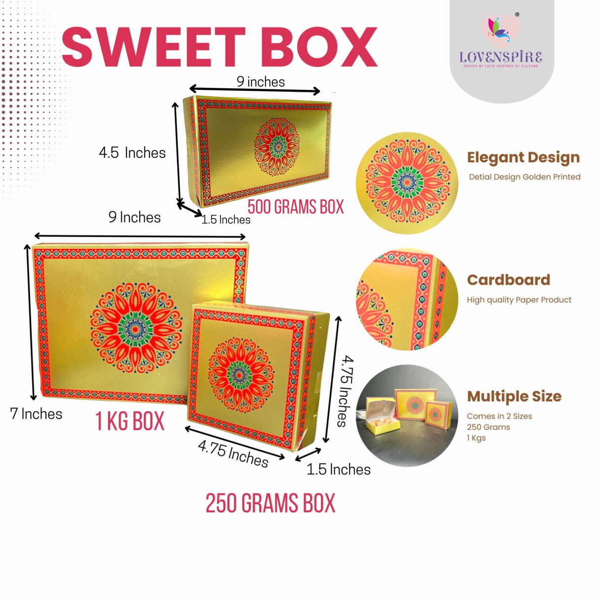 LOVENSPIRE Sweet Boxes for Indian Sweets Mandala Design Empty Mithai Box for Ladoo Cookies Goodies Candy Handmade Bulk Gift Boxes for Wedding Pooja Housewarming Return Gifts - LoveNspire