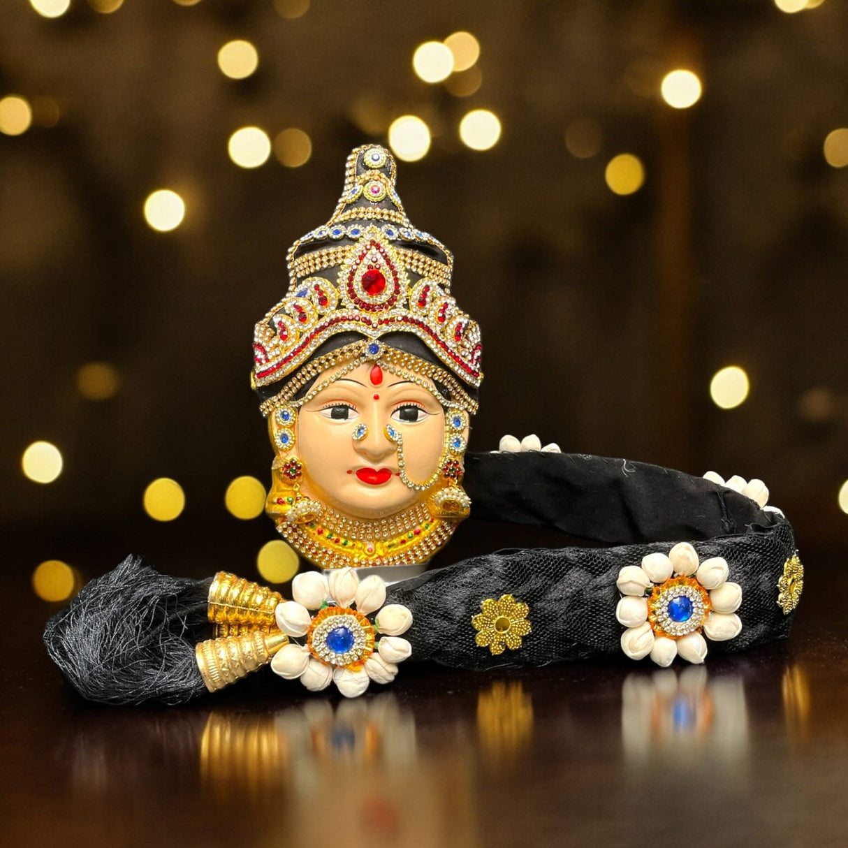 Vara Lakshmi Goddess Face with Hair Set for Varalaxmi Vratam Navaratri Margashirsha Vratha Pooja Hindu Religious Temple Mandir - Devi Mata Mukhota Mahalaxmi Goddess Face - LoveNspire